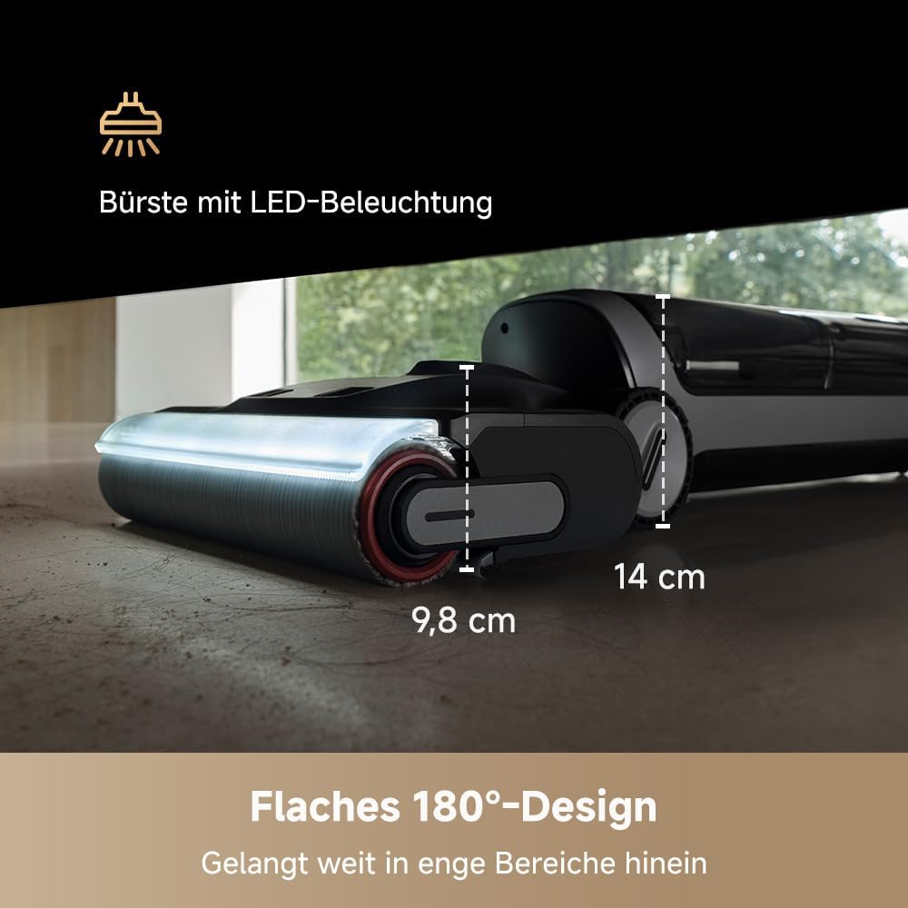DREAME H14 Dual Nass-Trockensauger 5-in-1, clevere Dosierung, flaches Design, 60 °C Bürstenreinigung, 5 Min.Trocknung bei 60 °C, GlideWheel, 18.000Pa Saugkraft, Schaber zur Entwirrung, LED-Bürstenkopf