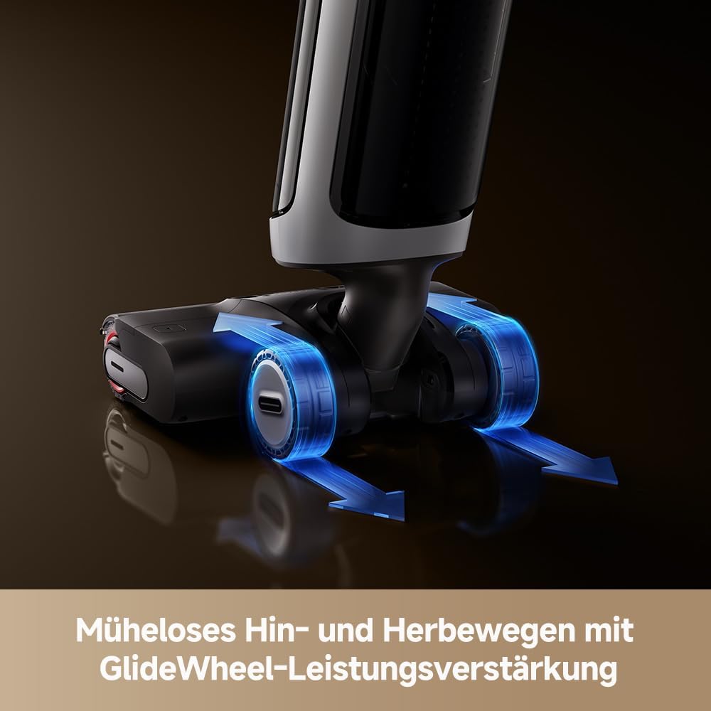 DREAME H14 Dual Nass-Trockensauger 5-in-1, clevere Dosierung, flaches Design, 60 °C Bürstenreinigung, 5 Min.Trocknung bei 60 °C, GlideWheel, 18.000Pa Saugkraft, Schaber zur Entwirrung, LED-Bürstenkopf