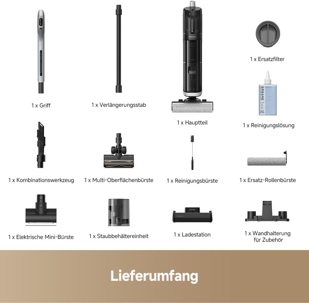 DREAME H14 Dual Nass-Trockensauger 5-in-1, clevere Dosierung, flaches Design, 60 °C Bürstenreinigung, 5 Min.Trocknung bei 60 °C, GlideWheel, 18.000Pa Saugkraft, Schaber zur Entwirrung, LED-Bürstenkopf
