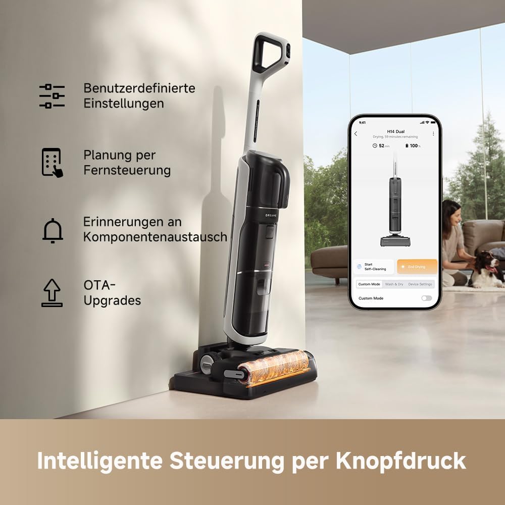 DREAME H14 Dual Nass-Trockensauger 5-in-1, clevere Dosierung, flaches Design, 60 °C Bürstenreinigung, 5 Min.Trocknung bei 60 °C, GlideWheel, 18.000Pa Saugkraft, Schaber zur Entwirrung, LED-Bürstenkopf