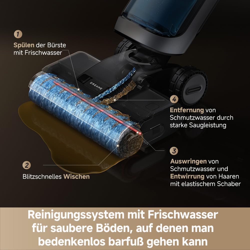 DREAME H14 Dual Nass-Trockensauger 5-in-1, clevere Dosierung, flaches Design, 60 °C Bürstenreinigung, 5 Min.Trocknung bei 60 °C, GlideWheel, 18.000Pa Saugkraft, Schaber zur Entwirrung, LED-Bürstenkopf