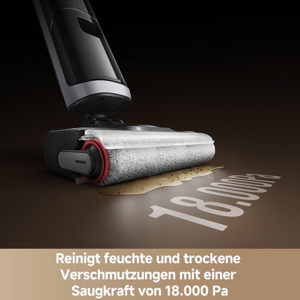 DREAME H14 Dual Nass-Trockensauger 5-in-1, clevere Dosierung, flaches Design, 60 °C Bürstenreinigung, 5 Min.Trocknung bei 60 °C, GlideWheel, 18.000Pa Saugkraft, Schaber zur Entwirrung, LED-Bürstenkopf
