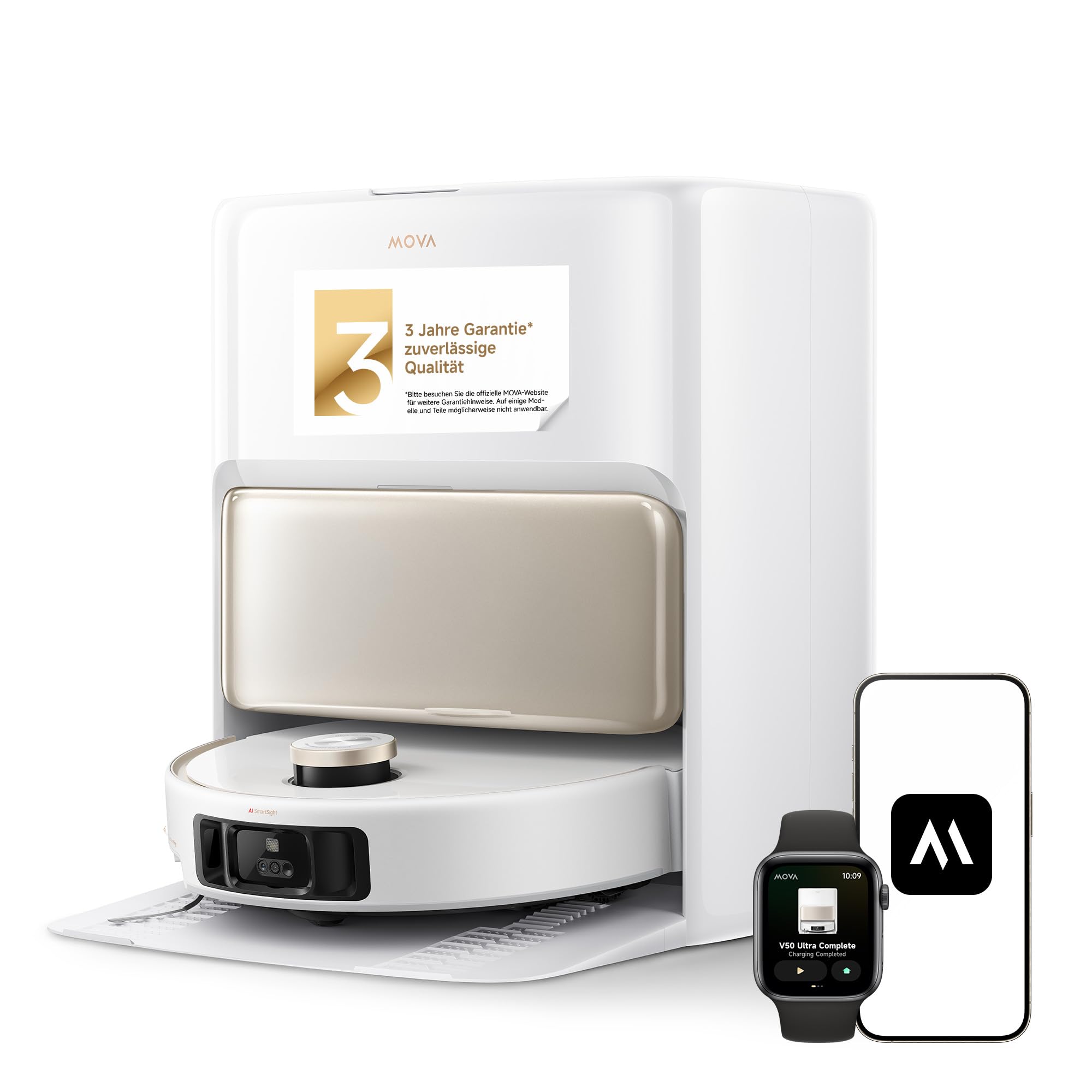 Mova V70 Ultra Complete X Saugroboter, MaxiReachX-Doppelverlängerung Seitenbürste & Mopp, 40.000 Pa Saugkraft, 15N Abwärtsdruck & 300 U/min Wischen, 9 cm Hindernisüberwindung, EcoCyclone-Staubbehälter