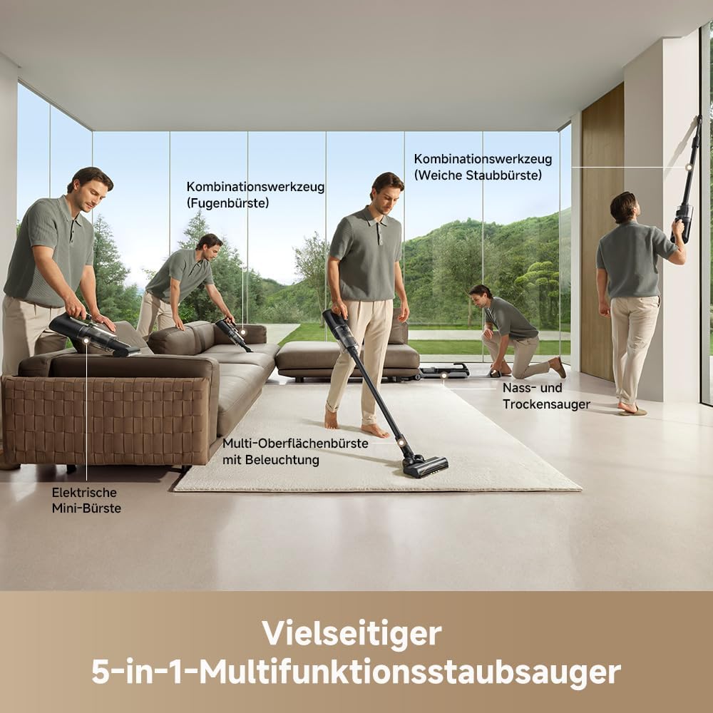 DREAME H14 Dual Nass-Trockensauger 5-in-1, clevere Dosierung, flaches Design, 60 °C Bürstenreinigung, 5 Min.Trocknung bei 60 °C, GlideWheel, 18.000Pa Saugkraft, Schaber zur Entwirrung, LED-Bürstenkopf