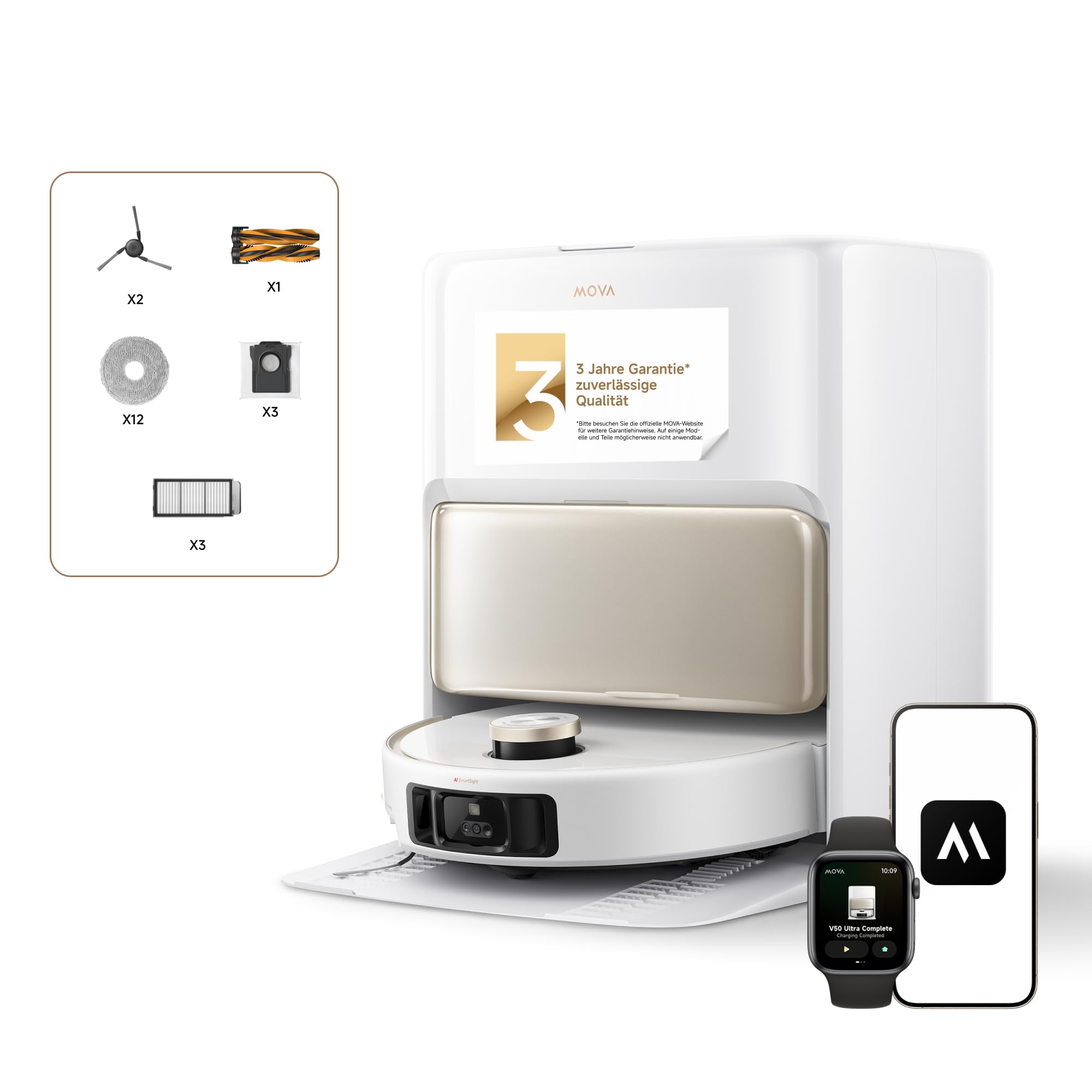 Mova V70 Ultra Complete X Saugroboter, MaxiReachX-Doppelverlängerung Seitenbürste & Mopp, 40.000 Pa Saugkraft, 15N Abwärtsdruck & 300 U/min Wischen, 9 cm Hindernisüberwindung, EcoCyclone-Staubbehälter