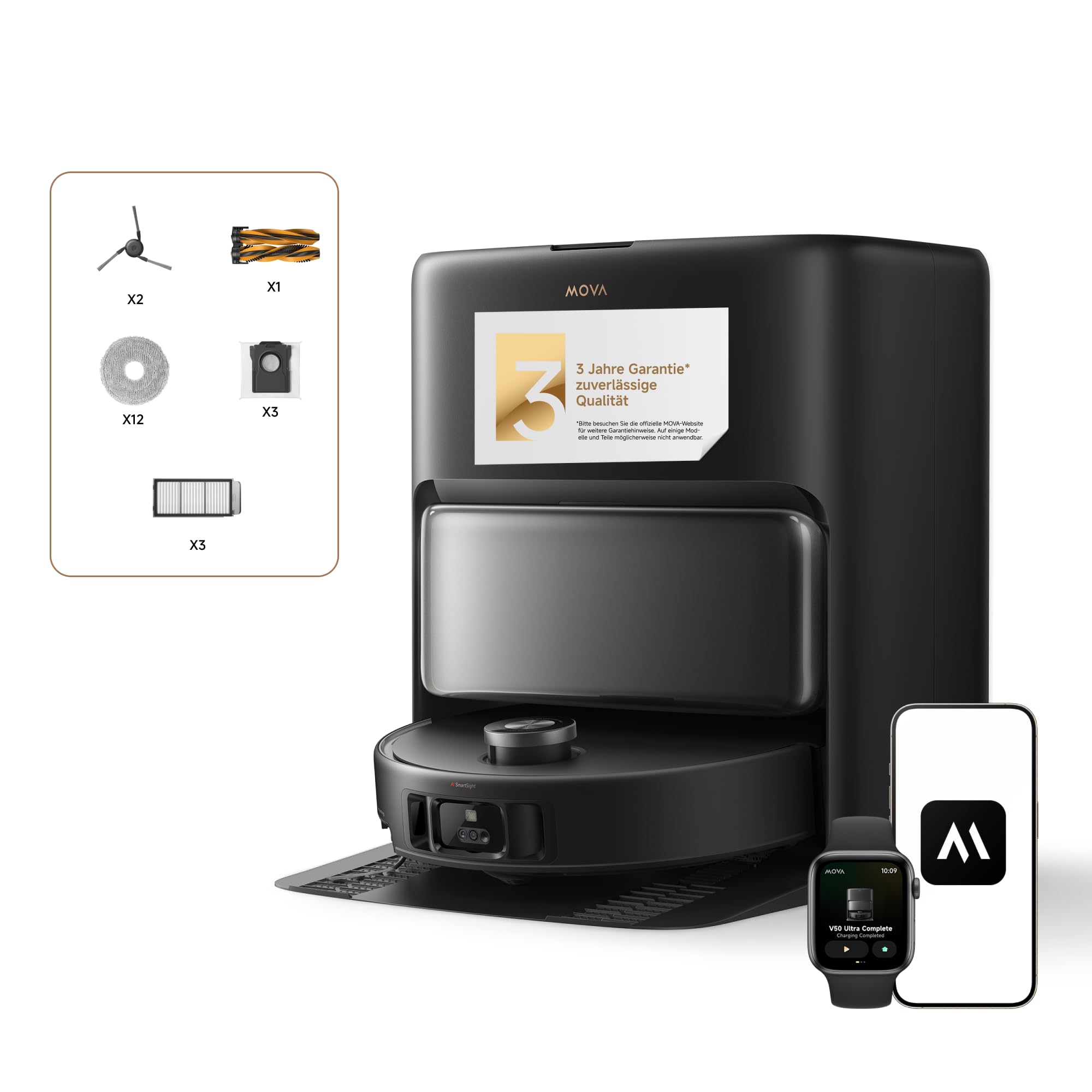 Mova V70 Ultra Complete X Saugroboter, MaxiReachX-Doppelverlängerung Seitenbürste & Mopp, 40.000 Pa Saugkraft, 15N Abwärtsdruck & 300 U/min Wischen, 9 cm Hindernisüberwindung, EcoCyclone-Staubbehälter