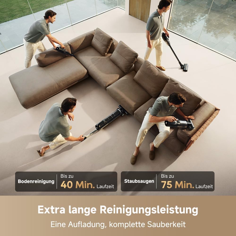 DREAME H14 Dual Nass-Trockensauger 5-in-1, clevere Dosierung, flaches Design, 60 °C Bürstenreinigung, 5 Min.Trocknung bei 60 °C, GlideWheel, 18.000Pa Saugkraft, Schaber zur Entwirrung, LED-Bürstenkopf