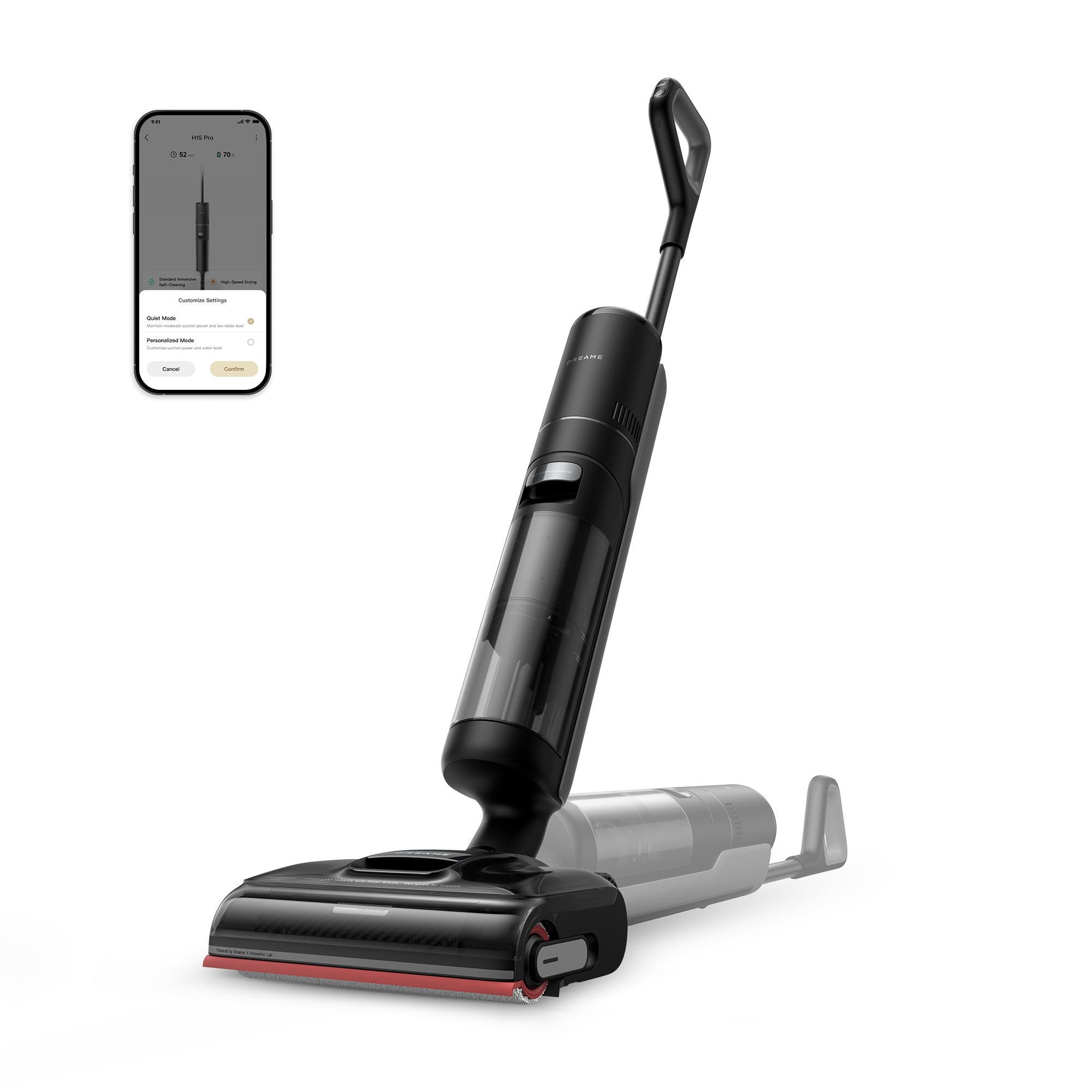DREAME H14 Dual Nass-Trockensauger 5-in-1, clevere Dosierung, flaches Design, 60 °C Bürstenreinigung, 5 Min.Trocknung bei 60 °C, GlideWheel, 18.000Pa Saugkraft, Schaber zur Entwirrung, LED-Bürstenkopf