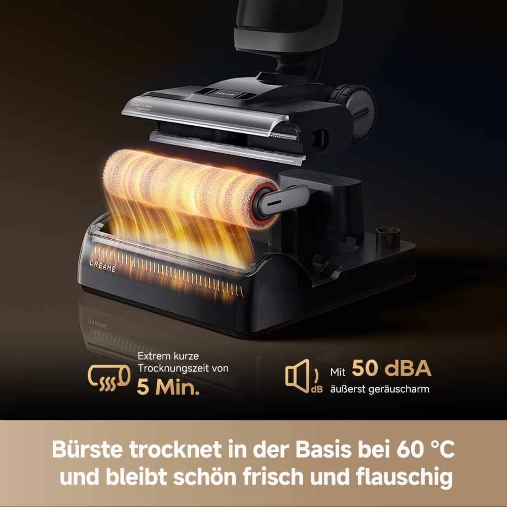 DREAME H14 Dual Nass-Trockensauger 5-in-1, clevere Dosierung, flaches Design, 60 °C Bürstenreinigung, 5 Min.Trocknung bei 60 °C, GlideWheel, 18.000Pa Saugkraft, Schaber zur Entwirrung, LED-Bürstenkopf