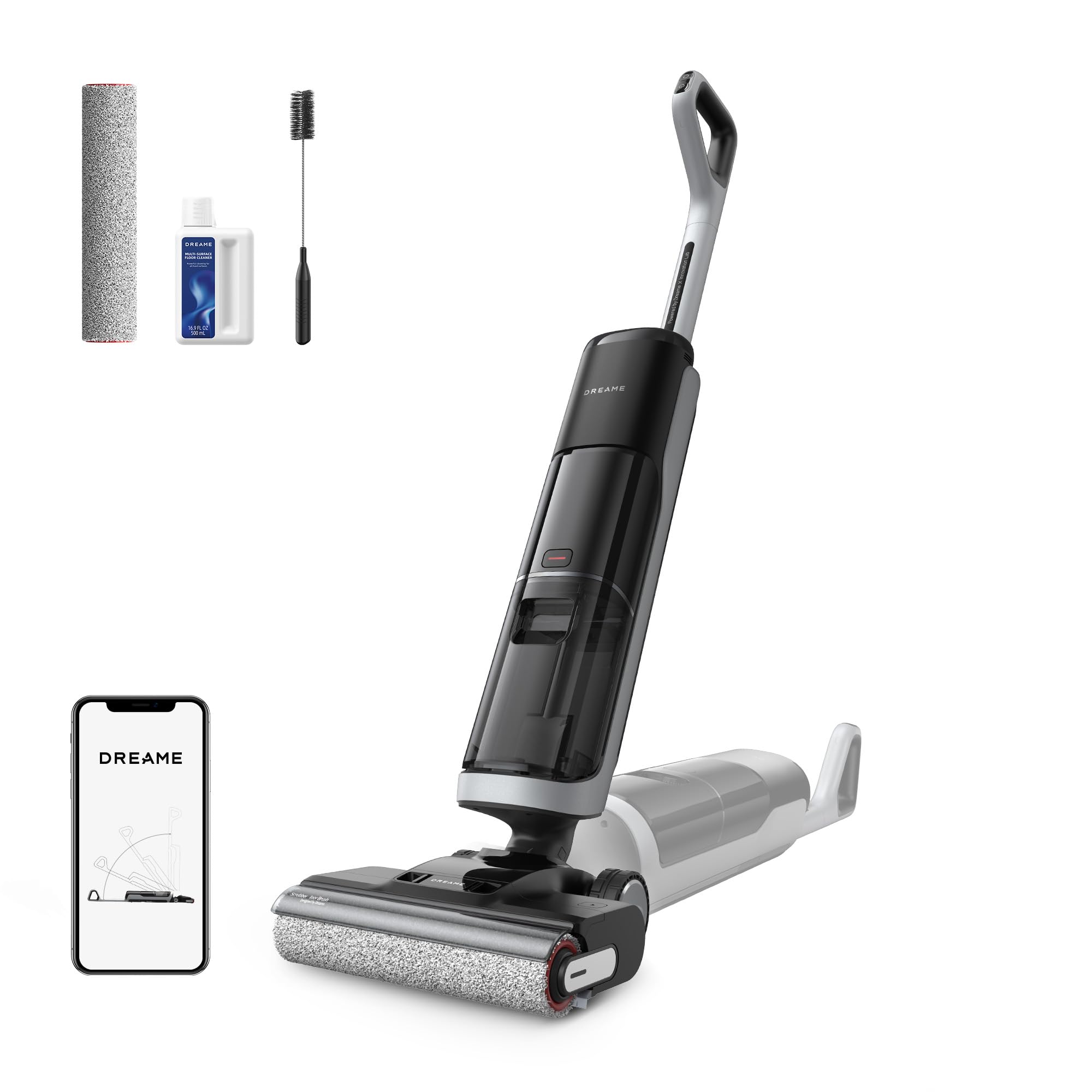 DREAME H14 Dual Nass-Trockensauger 5-in-1, clevere Dosierung, flaches Design, 60 °C Bürstenreinigung, 5 Min.Trocknung bei 60 °C, GlideWheel, 18.000Pa Saugkraft, Schaber zur Entwirrung, LED-Bürstenkopf