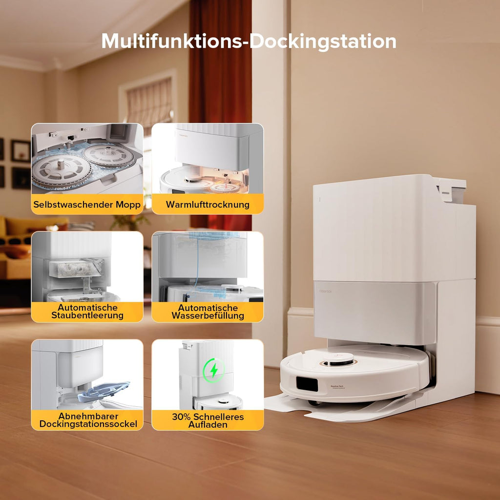 roborock Qrevo S5V Saugroboter mit Wischfunktion&Hebarem Wischmopp, 12.000Pa Saugkraft, Zero-Tangle System, Warmlufttrocknung, Intelligente Hindernisvermeidung, Multifunktions-Dockingstation (Weiß)