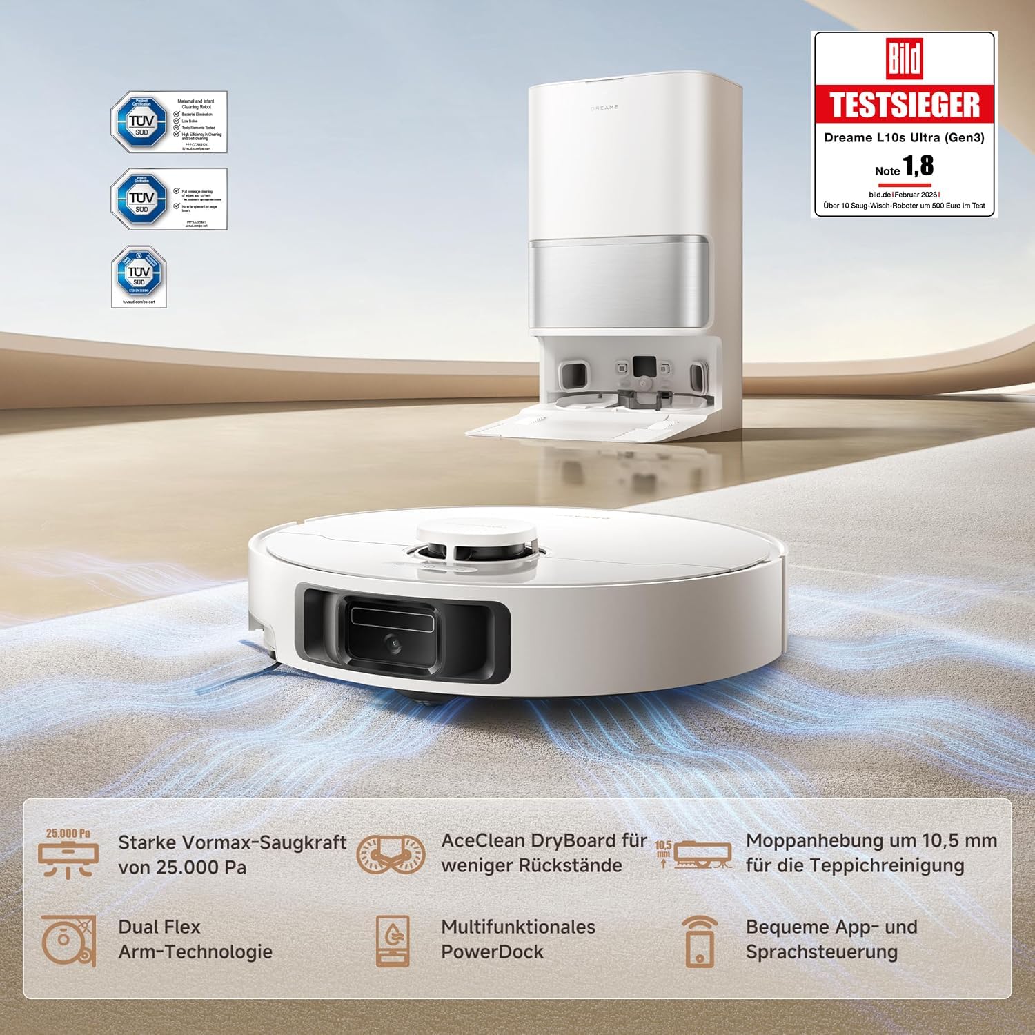 DREAME L10s Ultra Gen 3 Kit Saugroboter mit Wischfunktion mit einer Saugkraft von 25.000 Pa, Seitenbürste und Mopp ausfahrbar, selbstreinigende All-in-One-Dockingstation, Steuerung per App und Sprache