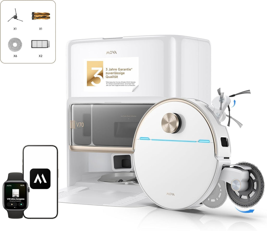 Mova V70 Ultra Complete X Saugroboter, MaxiReachX-Doppelverlängerung Seitenbürste & Mopp, 40.000 Pa Saugkraft, 15N Abwärtsdruck & 300 U/min Wischen, 9 cm Hindernisüberwindung, EcoCyclone-Staubbehälter