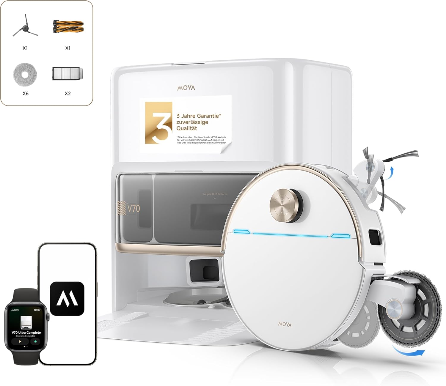 Mova V70 Ultra Complete X Saugroboter, MaxiReachX-Doppelverlängerung Seitenbürste & Mopp, 40.000 Pa Saugkraft, 15N Abwärtsdruck & 300 U/min Wischen, 9 cm Hindernisüberwindung, EcoCyclone-Staubbehälter