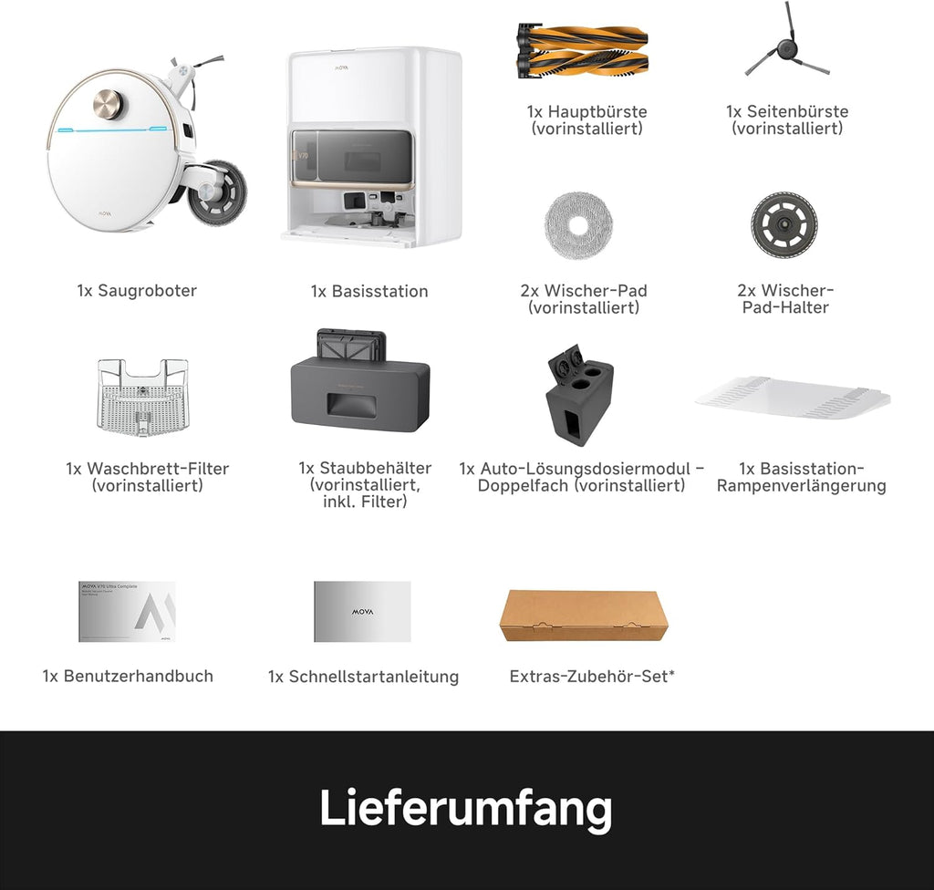 Mova V70 Ultra Complete X Saugroboter, MaxiReachX-Doppelverlängerung Seitenbürste & Mopp, 40.000 Pa Saugkraft, 15N Abwärtsdruck & 300 U/min Wischen, 9 cm Hindernisüberwindung, EcoCyclone-Staubbehälter