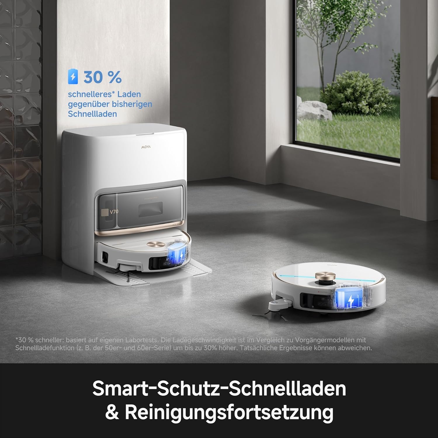 Mova V70 Ultra Complete X Saugroboter, MaxiReachX-Doppelverlängerung Seitenbürste & Mopp, 40.000 Pa Saugkraft, 15N Abwärtsdruck & 300 U/min Wischen, 9 cm Hindernisüberwindung, EcoCyclone-Staubbehälter