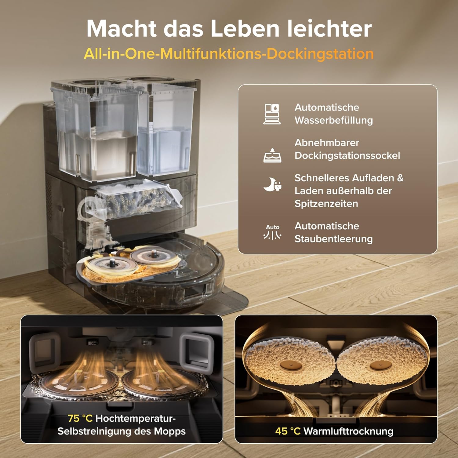 roborock Qrevo S Pro Saugroboter mit Wischfunktion, verbessert von QV 35A, 18.500 Pa, 75 °C Heißwasser-Moppreinigung, Anti-Tangle System, Reactive Tech Hindernisvermeidung, All-in-One Dock (Schwarz)