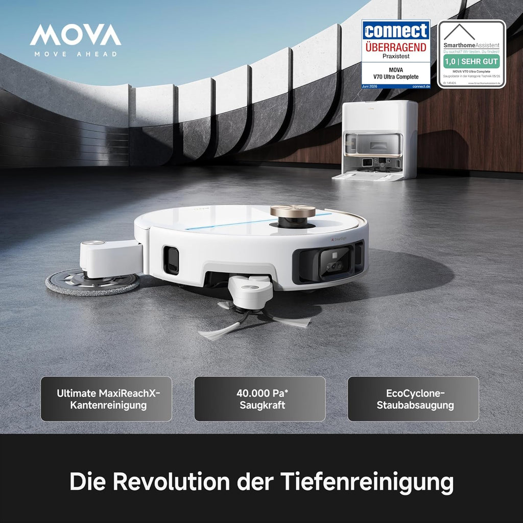 Mova V70 Ultra Complete X Saugroboter, MaxiReachX-Doppelverlängerung Seitenbürste & Mopp, 40.000 Pa Saugkraft, 15N Abwärtsdruck & 300 U/min Wischen, 9 cm Hindernisüberwindung, EcoCyclone-Staubbehälter