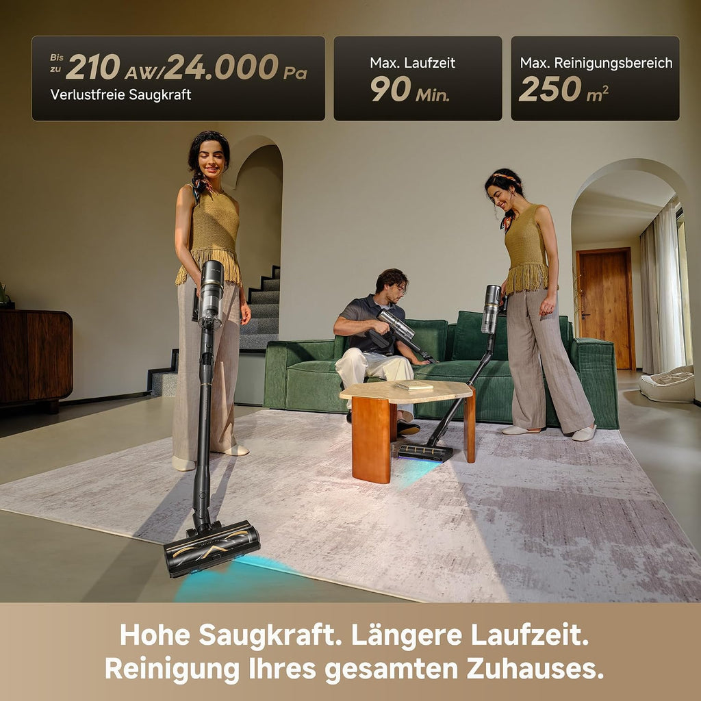 dreame V20 Pro-A Kabelloser Staubsauger, Kantenreinigung 0 mm, ohne Verheddern, für Hartböden und Teppiche, 24.000PA / 210 AW, 90 Min. maximale Laufzeit, Filterung 99,99%, entfernt Tierhaare