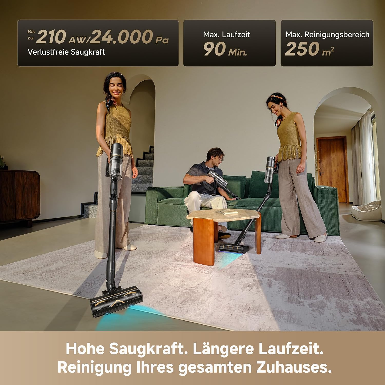 dreame V20 Pro-A Kabelloser Staubsauger, Kantenreinigung 0 mm, ohne Verheddern, für Hartböden und Teppiche, 24.000PA / 210 AW, 90 Min. maximale Laufzeit, Filterung 99,99%, entfernt Tierhaare